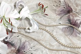 Zaujímavá samolepiaca tapeta perly s bielou ľaliou