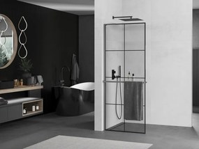 Mexen Kioto+ L, sprchová zástena Walk-In s poličkou a vešiakom 80 x 200 cm, 8mm číre sklo čierny vzor, grafitový profil, 800-080-123-95-77