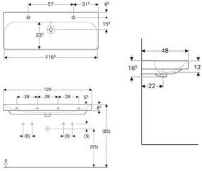 Geberit Smyle Square, dvojumývadlo 1200x480 mm s prepadom, 2 otvory na batérie, biela, GEB-500.253.01.1