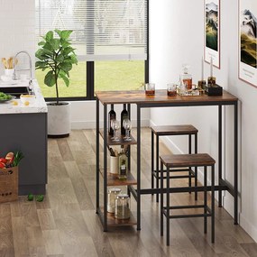 Barový stôl s 3 policami, rustikálny hnedý a čierny