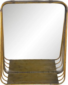 Zlaté štvorcové zrkadlo v kovovom ráme s drevenou poličkou Gold - 26 * 11 * 32 cm