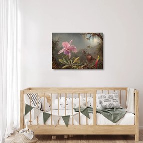 Sklenený obraz - Martin Johnson Heade, Cattleya Orchid and Three Hummingbirds, reprodukcia (70x50 cm)