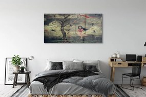 Obraz plexi Strom vtáky mraky dievča rocková 140x70 cm