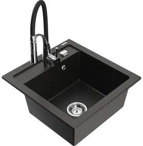 Mexen Vito, 1-komorový granitový drez 490x520x210 mm a drezová batéria Aster, čierna-zlatá metalíza, 6503-75-73450-07