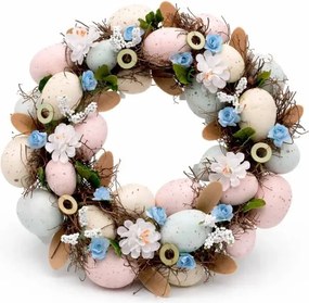 DECOLED Veľkonočný veniec na dvere 30 × 30 × 8 cm, modré kvety a vajíčka, vonkajší