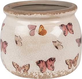 Béžový antik obal na kvetináč s motýlikmi Butterfly Paradise S - Ø 12*10 cm