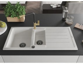 Mexen Andres, 1,5-komorový granitový drez 1000x500x200 mm a drezová batéria Flora, biela, 6515-20-670401-57-B