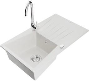 Mexen Cesar, 1-komorový granitový drez s odkvapkávačom 78x47 cm a kuchynskou batériou Telma, biela, 6514-20-670200-00