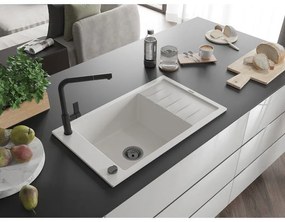 Mexen Elias, 1-komorový granitový drez 795x480x200 mm a drezová batéria Flora, biela, 6511-20-670401-70-B