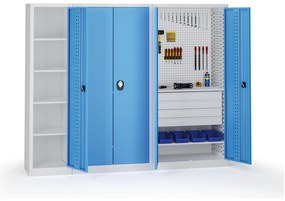 Policová dielenská skriňa 2-dverová, 4 police + 4 zásuvky, 1950 × 950 × 500 mm, modré dvere