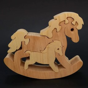 AMADEA Drevené puzzle hojdací kôň, masívne drevo dvoch druhov drevín, 13,5x11,5x3 cm
