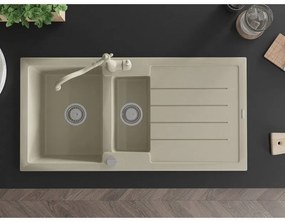 Mexen Andres, granitový drez 1000x500x200 mm, 1,5-komorový a drezová batéria Carla, béžová, 6515-69-670700-69