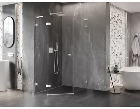 Mexen Lunar, L päťuholníkový sprchový kút naklápací doľava 90 x 100 cm, 8mm číre sklo, biely profil, 831L-090L-100P-20-00-L