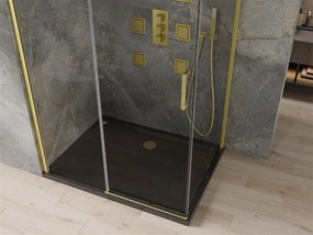 Mexen Omega, sprchový kút s posuvnými dverami 120 (dvere) x 90 (stena) cm, 8mm číre sklo, zlatý profil + slim sprchová vanička čierna + zlatý sifón, 825-120-090-50-00-4070G