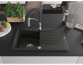 Mexen Cesar, 1-komorový granitový drez 775x470x190 mm a drezová batéria Aster, čierna-zlatá metalíza, 6514-75-73450-07