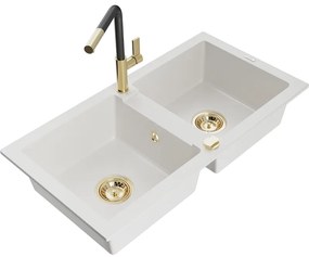 Mexen Mario, 2-komorový granitový drez 820x436x161 mm a drezová batéria Flora, biela, 6504-20-670401-57-G