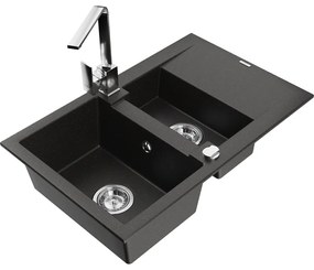 Mexen Gaspar, granitový drez 737x475x177 mm, 1,5-komorový a chrómová batéria Rita, čierna-zlatá metalíza, 6507-75-670300-00
