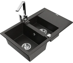 Mexen Gaspar, granitový drez 737x475x177 mm, 1,5-komorový a chrómová batéria Rita, čierna-zlatá metalíza, 6507-75-670300-00