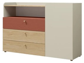 Komoda Yoda 8 (svetlobéžová + dub olejovaný + korálová). Akcia -20%. Vlastná spoľahlivá doprava až k Vám domov. 1087357