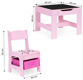 Zostava detského nábytku, stôl + 2 stoličky, kriedová tabuľa, ružová, ECOTOYS
