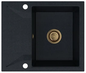 Sink Quality Obsidian, kuchynský granitový drez 590x500x210 mm + zlatý sifón, čierna škvrnitá-Brocade, SKQ-OBS.B.1KKO.XG