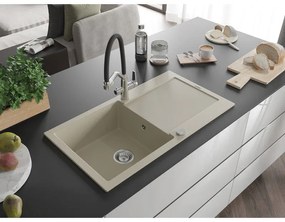 Mexen Leo, 1-komorový granitový drez 900x500x190 mm a drezová batéria Duo, béžová, 6501-69-671701-07