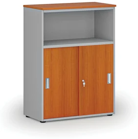 Kombinovaná kancelárska skriňa so zásuvnými dverami PRIMO GRAY, 1087 x 800 x 420 mm, sivá/čerešňa