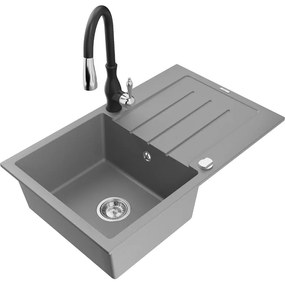 Mexen Bruno, 1-komorový granitový drez 795x495x200 mm a drezová batéria Savita, šedá, 6513-71-672601-70