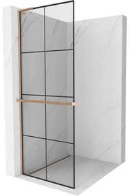 Mexen Kioto+ L, sprchová zástena Walk-In s poličkou a vešiakom 70 x 200 cm, 8mm číre sklo čierny vzor, medený matný profil, 800-070-123-65-77