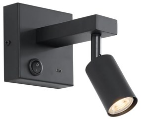 Moderné čierne nástenné svietidlo s USB-C, naklápacie - Rex