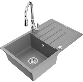 Mexen Bruno, 1-komorový granitový drez 795x495x200 mm a drezová batéria Savita, šedá, 6513-71-672601-00