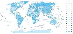 Tapeta detailná mapa sveta v modrej farbe - 225x150