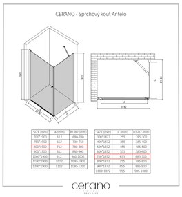 CERANO - Sprchovací kút Antelo L/P - 6 mm - čierna matná, transparentné sklo - 80x70 cm - krídlový, CER-CER-8050BD7501