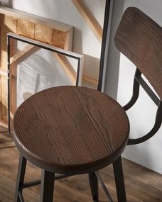 Barová stolička RODENA hnedá, masívne brestové drevo, oceľové nohy