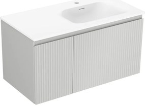 Mexen Rivel, kúpeľňová skrinka 90 cm s pravým umývadlom Vela, 1S, 1D, drážkovaná, sivá matná/biela matná - 91A23-09047-3-BBFF62-W23P01