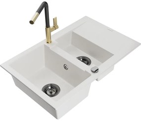 Mexen Gaspar, 1,5-komorový granitový drez 737x475x177 mm a drezová batéria Flora, biela, 6507-20-670401-57-B