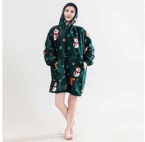 Baránková mikinová deka s rukávmi a kapucňou SNOWMAN AND GINGERBREAD, zelená