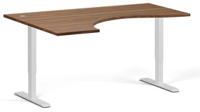 Ergonomický výškovo nastaviteľný stôl, 160x120 cm, 2 motory, L/P, biela podnož, orech