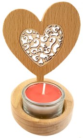 AMADEA Drevený svietnik srdca s vkladom - ornament, masívne drevo, výška 10 cm