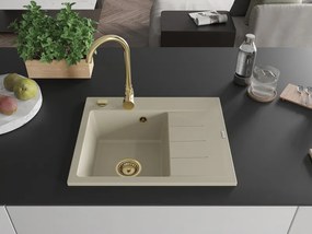 Mexen Ben, 1-komorový granitový drez 600x500x190 mm, ľavý + zlatý sifón, béžová, 6522605000-69-G