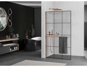 Mexen Kioto+ L, sprchová zástena Walk-In s poličkou a vešiakom 120 x 200 cm, 8mm číre sklo čierny vzor, ružové zlato profil, 800-120-123-60-77