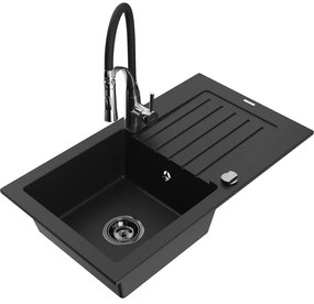 Mexen Pablo, 1-komorový granitový drez 752x436x161 mm a drezová batéria Aster, čierna, 6510-77-73450-07-B