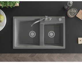 Mexen Tomas, granitový drez 800x500x190 mm, 2-komorový a drezová batéria Carla, šedá, 6516-71-670700-71
