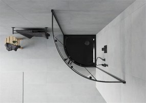 Mexen Rio, štvrťkruhový sprchovací kút s posuvnými dverami 70 x 70 cm, 6mm číre sklo, čierny profil + čierna sprchová vanička, 863-070-070-70-00-4170B