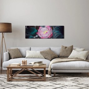 Obraz ružovej kvetiny (s hodinami) (90x30 cm)