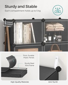 Skrinka na topánky, 6-priehradkový modulárny úložný organizér, čierny