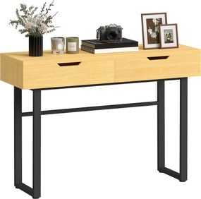 HOMCOM úzky konzolový stolík s 2 zásuvkami, priemyselný kovový rám, prírodný dekor – 110 × 35 × 76,5 cm | Aosom