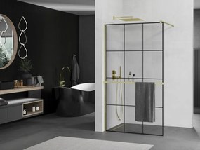 Mexen Kioto+, sprchová zástena Walk-In s poličkou a vešiakom 100 x 200 cm, 8mm číre sklo čierny vzor, zlatý matný profil, 800-100-121-55-77