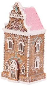 Vianočná dekorácia Perníková vežička s ružovou strechou, polyresin, LED, hnedá