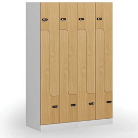 Kovová šatníková skrinka S1 Z, 4 oddiely, 1850 x 600 x 500 mm, mechanický kódový zámok, laminované dvere, orech